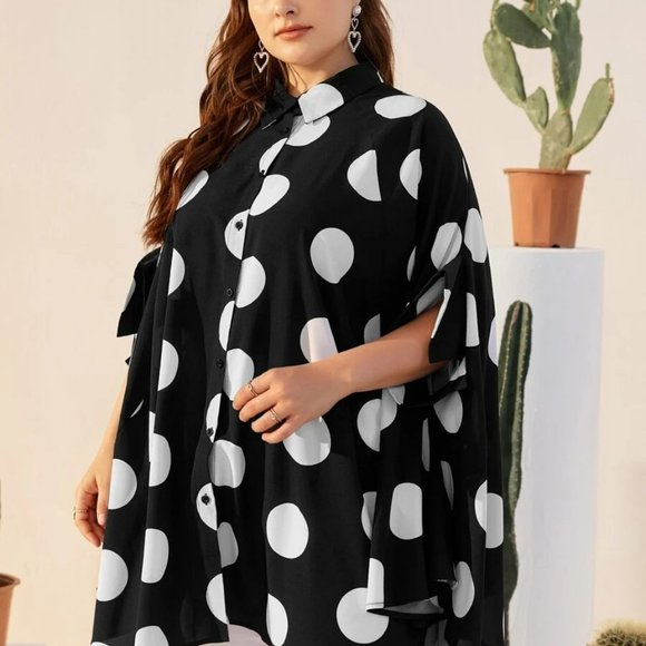 Plus Button Front Batwing Sleeve Polka Dot Shirt - Picture 2 of 5